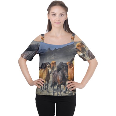 Horses Stampede Nature Running Cutout Shoulder Tee by Celenk