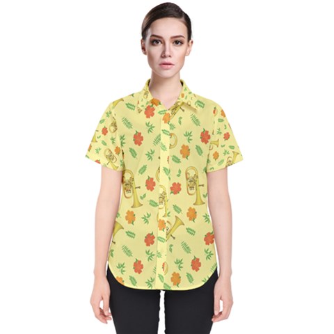 Tuba And Flower Pattern Women s Short Sleeve Shirt by berwies