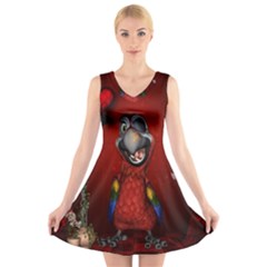 Funny, Cute Parrot With Butterflies V-neck Sleeveless Skater Dress by FantasyWorld7