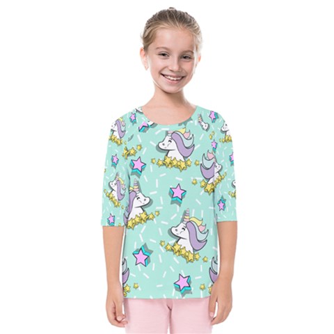 Magical Happy Unicorn And Stars Kids  Quarter Sleeve Raglan Tee by Bigfootshirtshop