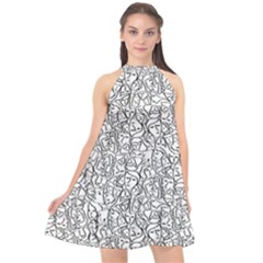 Elio s Shirt Faces In Black Outlines On White Halter Neckline Chiffon Dress  by PodArtist