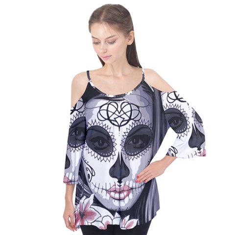 Day Of The Dead Sugar Skull Flutter Sleeve Tee  by StarvingArtisan