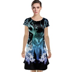 Amazing Wolf With Flowers, Blue Colors Cap Sleeve Nightdress by FantasyWorld7