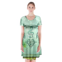 Music, Decorative Clef With Floral Elements Short Sleeve V-neck Flare Dress by FantasyWorld7