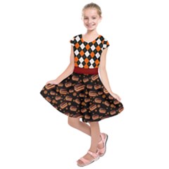 Brown & Orange Checkered Chocolate Cake Kids  Short Sleeve Dress by PattyVilleDesigns