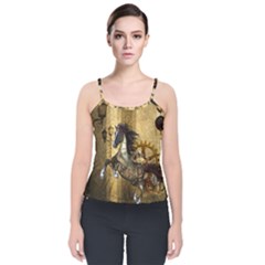 Awesome Steampunk Horse, Clocks And Gears In Golden Colors Velvet Spaghetti Strap Top by FantasyWorld7