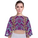 Climbing And Loving Beautiful Flowers Of Fantasy Floral Tie Back Butterfly Sleeve Chiffon Top View1