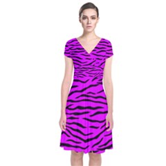 Hot Neon Pink And Black Tiger Stripes Short Sleeve Front Wrap Dress by PodArtist