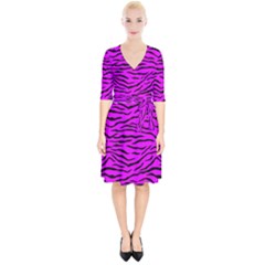 Hot Neon Pink And Black Tiger Stripes Wrap Up Cocktail Dress by PodArtist