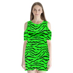 Bright Neon Green And Black Tiger Stripes  Shoulder Cutout Velvet One Piece by PodArtist