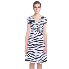 Black And White Tiger Stripes Short Sleeve Front Wrap Dress by PodArtist