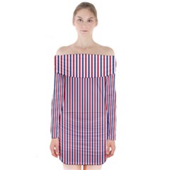 Usa Flag Red And Flag Blue Narrow Thin Stripes  Long Sleeve Off Shoulder Dress by PodArtist