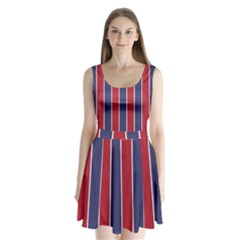 Large Red White And Blue Usa Memorial Day Holiday Vertical Cabana Stripes Split Back Mini Dress  by PodArtist