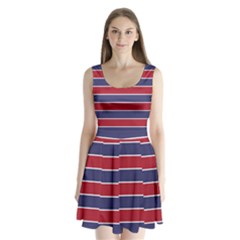 Large Red White And Blue Usa Memorial Day Holiday Horizontal Cabana Stripes Split Back Mini Dress  by PodArtist