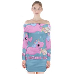 Long Distance Lover - Cute Unicorn Long Sleeve Off Shoulder Dress by Valentinaart