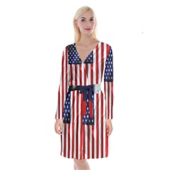 American Usa Flag Vertical Long Sleeve Velvet Front Wrap Dress by FunnyCow