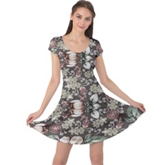 Seamless Pink Green And White Florals Peach Cap Sleeve Dress by flipstylezfashionsLLC