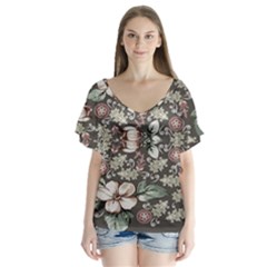 Seamless Pink Green And White Florals Peach V-neck Flutter Sleeve Top by flipstylezfashionsLLC