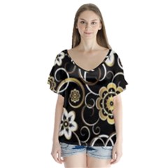 Beautiful Gold And White Flowers On Black V-neck Flutter Sleeve Top by flipstylezfashionsLLC