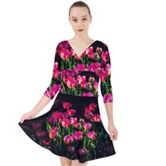 Pink Tulips Dark Background Quarter Sleeve Front Wrap Dress by FunnyCow