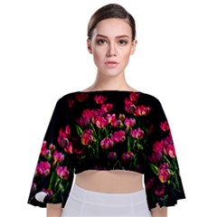 Pink Tulips Dark Background Tie Back Butterfly Sleeve Chiffon Top by FunnyCow