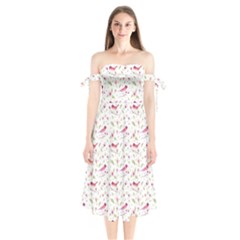 Watercolor Birds Magnolia Spring Pattern Shoulder Tie Bardot Midi Dress by EDDArt