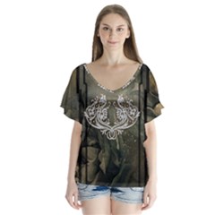 Wonderful Decorative Dragon On Vintage Background V-neck Flutter Sleeve Top by FantasyWorld7