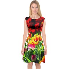 Colorful Tulips On A Sunny Day Capsleeve Midi Dress by FunnyCow