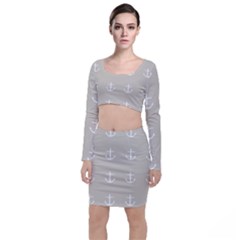 Lt Grey Anchors Long Sleeve Crop Top & Bodycon Skirt Set by snowwhitegirl