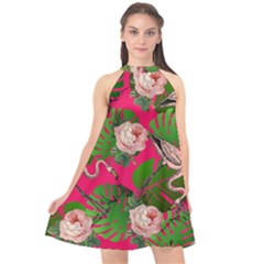 Flamingo Floral Pink Halter Neckline Chiffon Dress  by snowwhitegirl