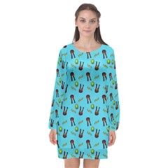 School Girl Pattern Blue Long Sleeve Chiffon Shift Dress  by snowwhitegirl