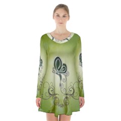 Wonderful Butterlies , Green Colors Long Sleeve Velvet V-neck Dress by FantasyWorld7