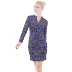 Blue Small Wonderful Floral In Mandalas Button Long Sleeve Dress by pepitasart