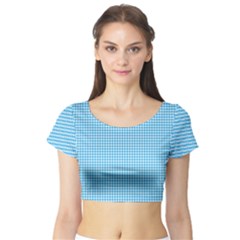 Oktoberfest Bavarian Blue Houndstooth Check Short Sleeve Crop Top by PodArtist