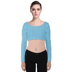 Oktoberfest Bavarian Blue And White Gingham Check Velvet Long Sleeve Crop Top by PodArtist