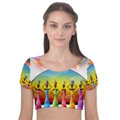 African American Women Velvet Short Sleeve Crop Top  by AlteredStates