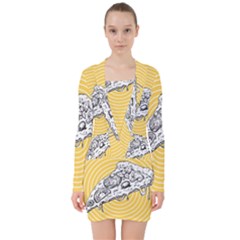 Pop Art Pizza V-neck Bodycon Long Sleeve Dress by Valentinaart