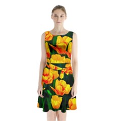 Yellow Orange Tulip Flowers Sleeveless Waist Tie Chiffon Dress by FunnyCow