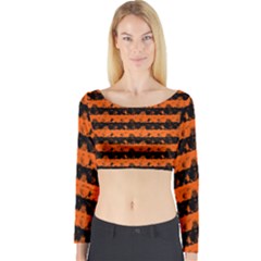 Orange And Black Spooky Halloween Nightmare Stripes Long Sleeve Crop Top by PodArtist