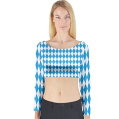 Oktoberfest Bavarian Blue And White Large Diagonal Diamond Pattern Long Sleeve Crop Top by PodArtist