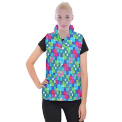 Retro Squares                                                Women s Button Up Puffer Vest by LalyLauraFLM