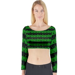 Alien Green And Black Halloween Nightmare Stripes  Long Sleeve Crop Top by PodArtist