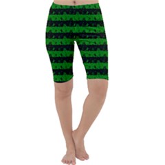 Alien Green And Black Halloween Nightmare Stripes  Cropped Leggings  by PodArtist