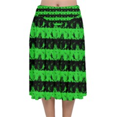 Monster Green And Black Halloween Nightmare Stripes  Velvet Flared Midi Skirt by PodArtist