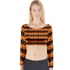 Dark Pumpkin Orange And Black Halloween Nightmare Stripes  Long Sleeve Crop Top by PodArtist