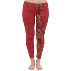 Red Flowers On Red Print Background By Flipstylez Designs Classic Winter Leggings by flipstylezfashionsLLC