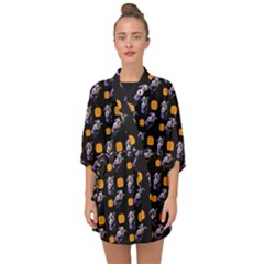 Halloween Skeleton Pumpkin Pattern Black Half Sleeve Chiffon Kimono by snowwhitegirl