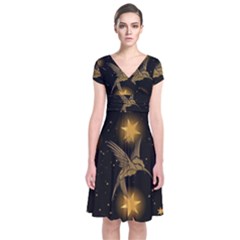 Wonderful Hummingbird With Stars Short Sleeve Front Wrap Dress by FantasyWorld7