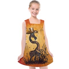 Funny Steampunk Giraffe With Hat Kids  Cross Back Dress by FantasyWorld7