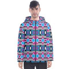 Blue Pink Shapes Rows Jpg                                                       Men s Hooded Puffer Jacket by LalyLauraFLM